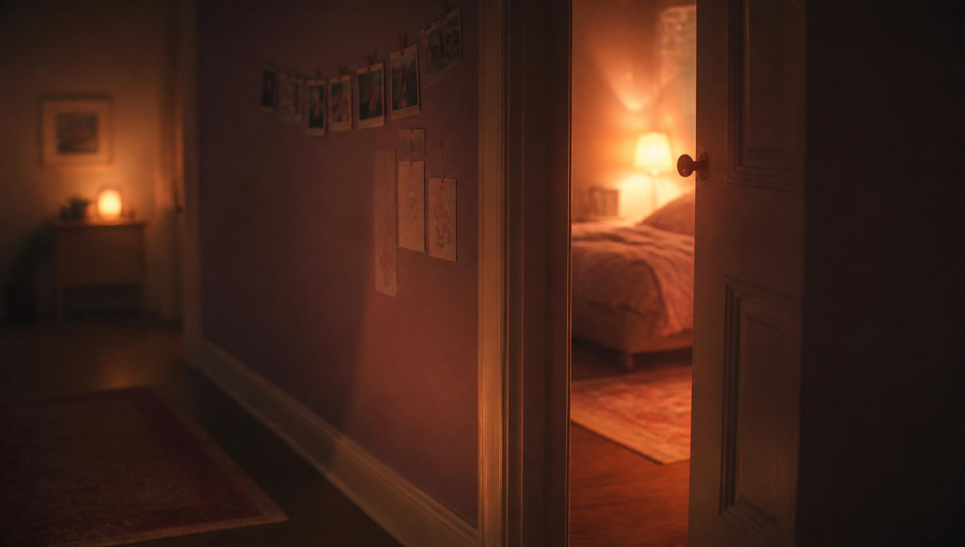 A softly lit bedroom door left ajar at dusk.