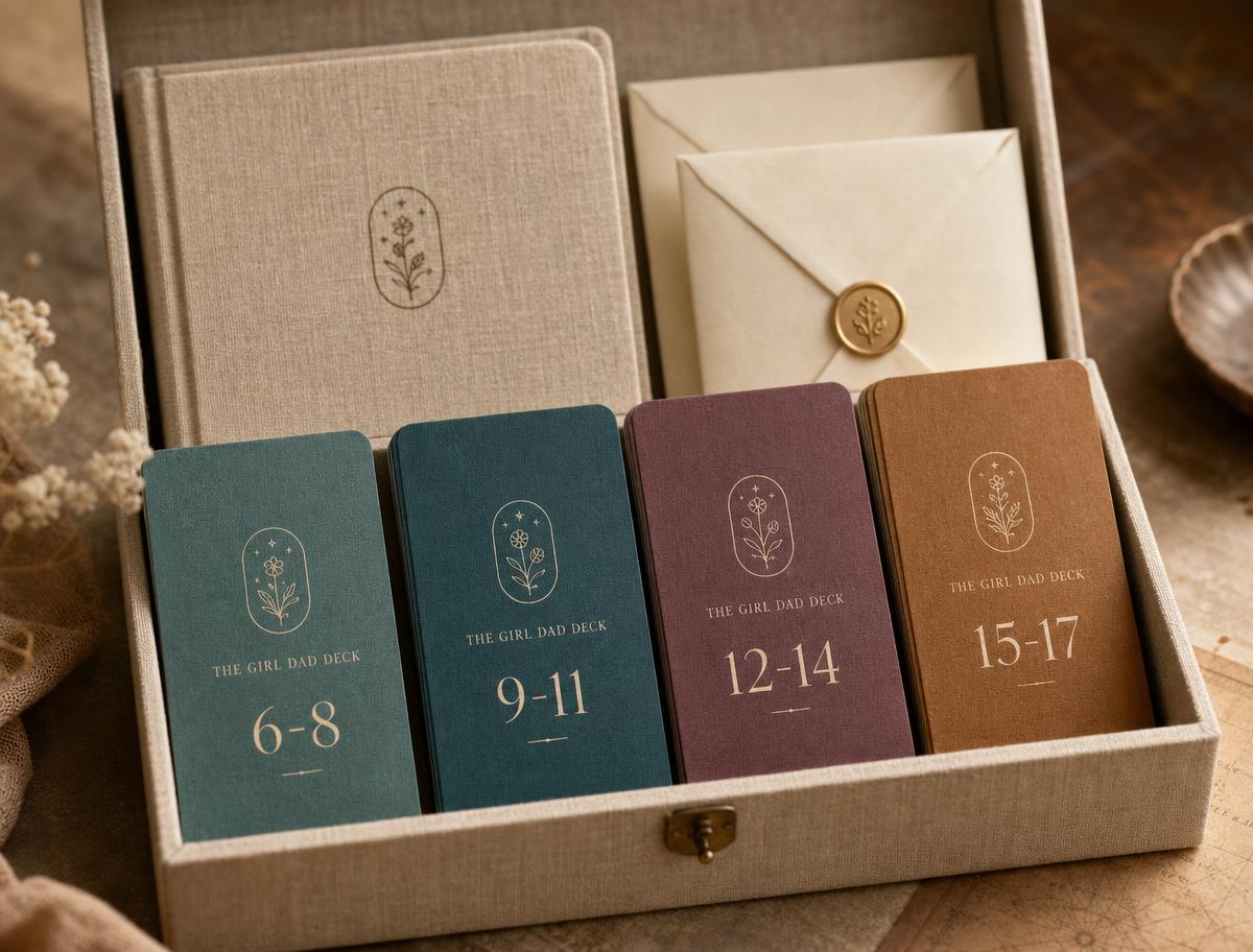 An open keepsake box holding four color-coded decks, a journal, and sealed letters.